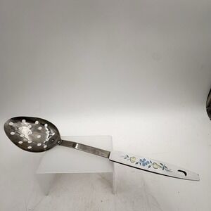 Vintage Stainless Steel Slotted Spoon Fruit Handle Blue Pear Design‎ USA 12"